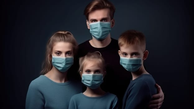 Family wearing protective masks during pandemic, isolated on dark blue background