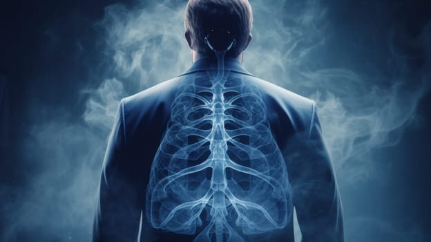 X-ray of the rib cage of a human standing with smoke around his body.