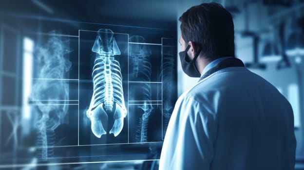 Serious male doctor in a mask intently analyzing an x-ray of the human spine on a digital display