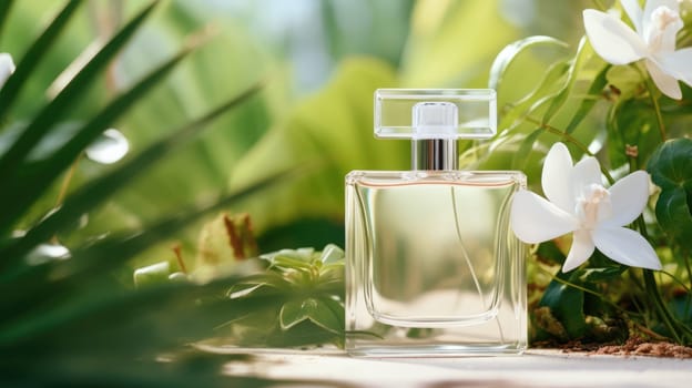 Transparent white glass perfume bottle mockup with plants on background. Eau de toilette. Mockup, spring flat lay