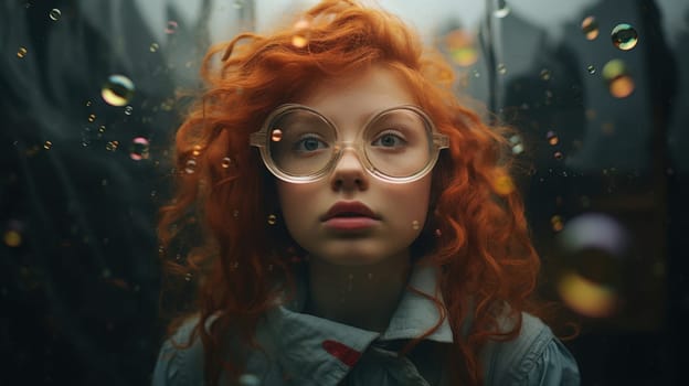 A young girl with long, curly red hair and glasses looks out at the camera with a surprised expression. Bubbles float around her head. The background is a blur of color.
