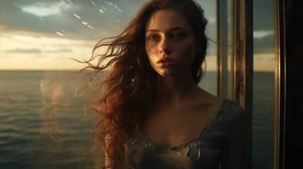 A young woman with long, wavy hair stands by a large window, wearing a simple dress. Soft sunlight casts a warm glow around her, illuminating her thoughtful and contemplative expression.