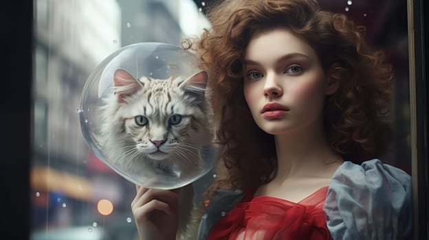A young woman with long, flowing red curly hair gently holds a cats head inside a transparent bubble. The cat gazes out with wide, curious green eyes, creating a whimsical and surreal atmosphere.