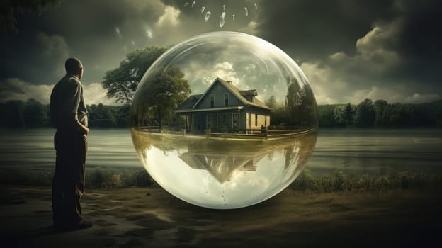 A man stands near a transparent bubble that encloses a house, set in a field with trees and a river in the background. This surreal scene evokes deep thoughts about the meaning of home.