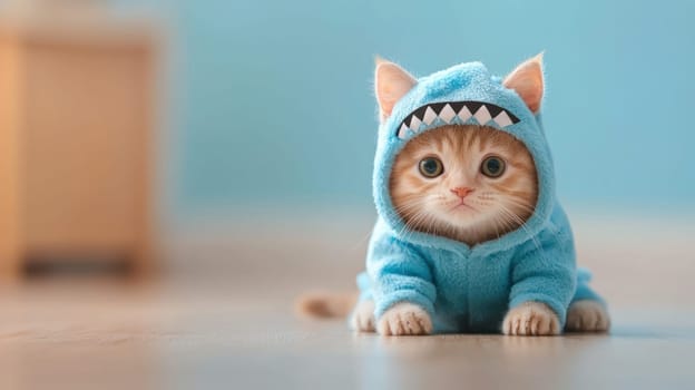 Cute ginger cat wearing shark suit, looking playful and adorable.