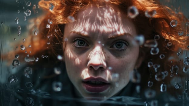 A close-up image of a young woman with striking red hair and bright blue eyes. Her face expresses deep fear, as if she is drowning. The background is white, emphasizing her distressing emotion.