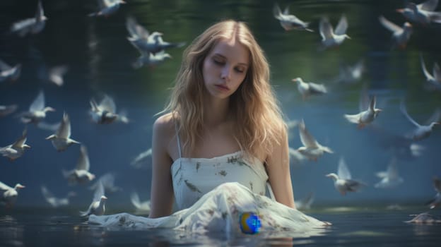 A young woman in a flowing white dress stands gracefully in serene water, surrounded by a stunning scene of birds soaring above her, creating a captivating moment of beauty and tranquility.