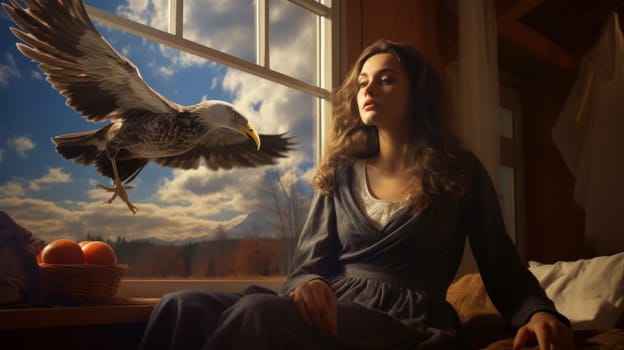 A young woman with long brown hair, dressed in a gray dress, sits by a large window, gazing at a majestic eagle soaring across a bright blue sky. The breathtaking landscape features distant mountains.