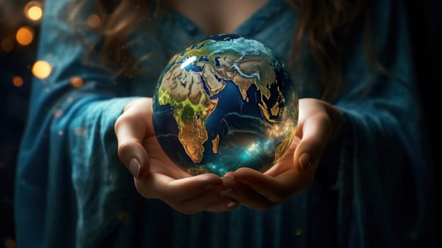 A woman gently holds a glowing blue and green planet Earth in her hands, surrounded by a breathtaking starry night sky that evokes feelings of wonder, beauty, and a connection to the universe.