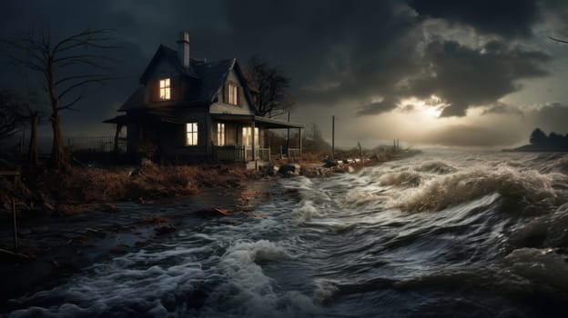 A lone house is surrounded by a fierce flood at night, with water reaching the porch and waves crashing. A single light shines inside, symbolizing hope amid the dark and stormy night.