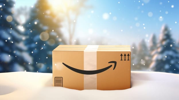 Delivered Amazon prime parcel box on door mat near winter snow entrance. Christmas online shopping. Black Friday sale