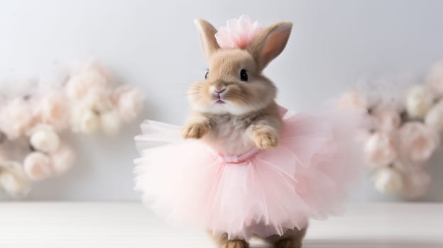 A small brown rabbit in a pink tutu dress and flower crown stands on its hind legs, looking at the camera in a studio with a blurred background of pink flowers and a fluffy white tail.