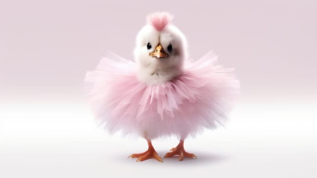 A fluffy white chick in a cute pink tutu stands on a pink background, tilting its head adorably. Perfect for baby showers, new babies, and childrens birthday parties.