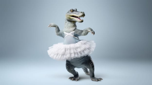 A green dinosaur in a white tutu is dancing on a blue background. The dinosaur has its arms outstretched and is smiling. The image is whimsical and funny, sure to bring a smile to your face.
