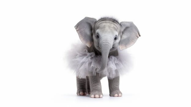 This adorable baby elephant in a fluffy pink tutu looks at the camera with big, curious eyes. Isolated on a white background, its perfect for childrens books and animal-themed projects.