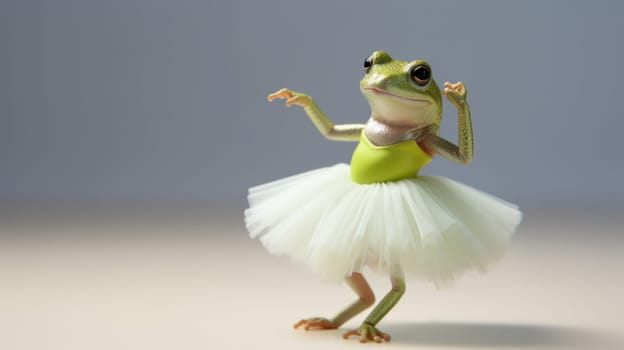 A vibrant green frog is adorably wearing a fluffy white tutu and is seen dancing ballet gracefully. The frog is playfully isolated on a clean, bright white background, creating a whimsical scene.