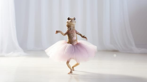 A small, vibrant lizard wearing a fluffy pink tutu dress is standing on its hind legs and appears to be dancing joyfully. The lizard is charmingly isolated against a pure white background.