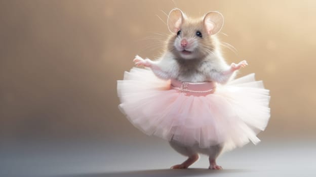A charming small rodent, resembling a mouse, is dressed in a delightful pink tulle tutu. It stands on its hind legs, showcasing its playful outfit in a whimsical, enchanting setting filled with joy.