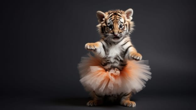 A small Amur tiger cub, dressed in a fluffy pink tutu, stands on its hind legs and looks at the camera with curiosity, showcasing its playful nature and adorable features that melt hearts.