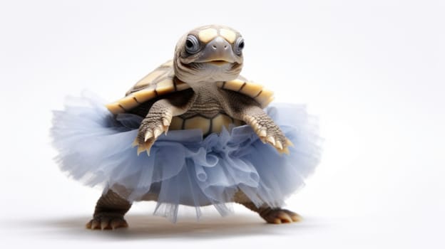 This image features a turtle wearing a blue tutu skirt, standing on a white surface. The turtle looks surprised as it gazes at the camera, with vibrant colors and good lighting.