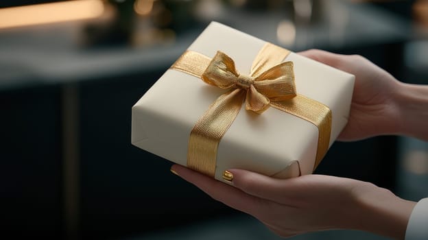 person holds cream gift box with golden ribbon, ready to give.