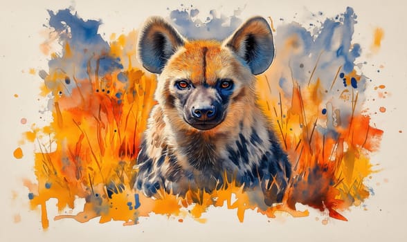 A watercolor painting of an African hyena against a light background. Selective focus.