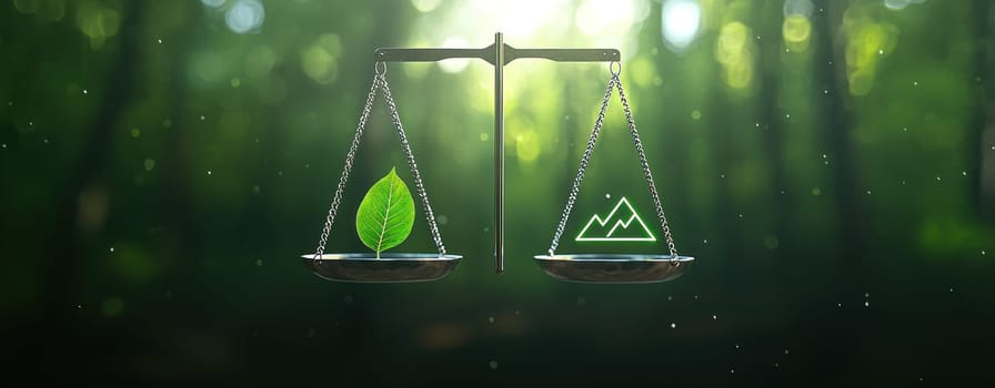 pair of digital scales balancing leaf and mountain symbol, representing nature and sustainability.
