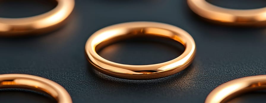 Elegant golden rings arranged in captivating pattern on dark surface.