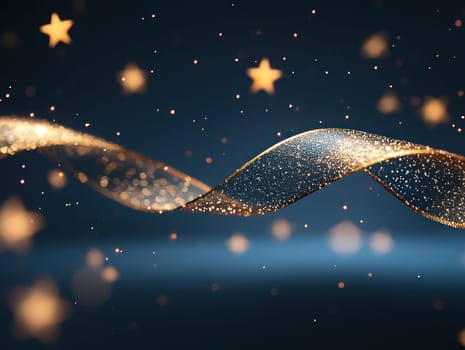 Elegant gold ribbons and shimmering stars create magical atmosphere.