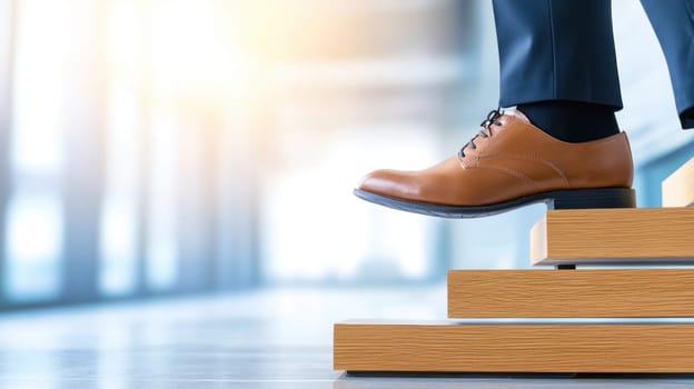 Businessman stepping up on wooden stairs, symbolizing progress and success.