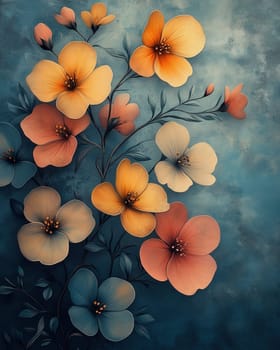 Vintage delicate flowers on a blue background. Selective focus.