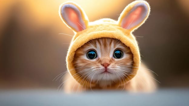 Cute ginger cat wearing bunny suit, looking curious and playful.