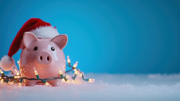 festive piggy bank adorned with Christmas lights and Santa hat.