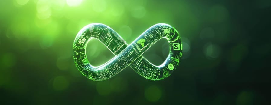 Stylized infinity symbol glowing in green with digital patterns.