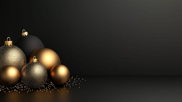 Elegant black and gold Christmas ornaments arranged beautifully.