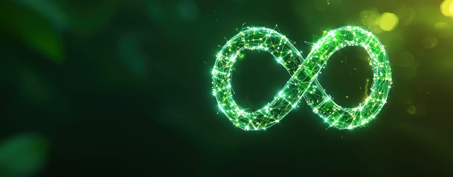 Stylized infinity symbol glowing with green lights and sparkles.