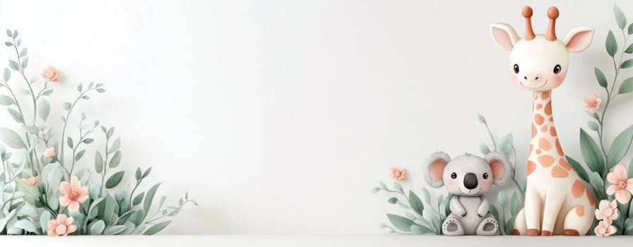 Cute giraffe and koala surrounded by flowers and leaves in playful design. This charming illustration brings joyful and whimsical atmosphere to any space.