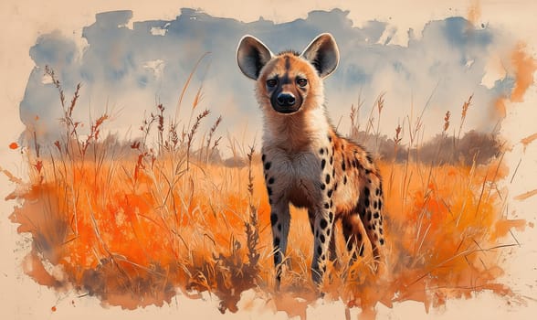 Watercolor painting of an African hyena in the savannah. Selective focus.