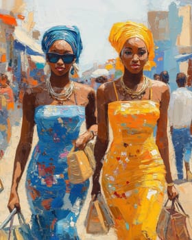 Watercolor, stylishly dressed girls with bags walking down the city street. Selective focus.