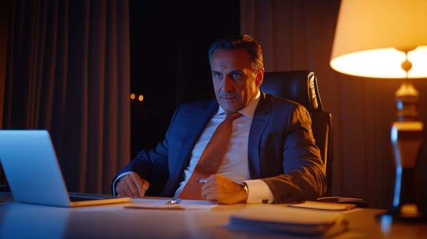 Focused professional in suit working late at desk with laptop and lamp.