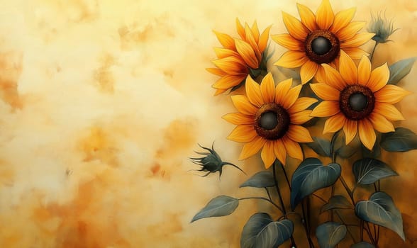 Watercolor, sunflowers on light background, vintage style. Selective focus.