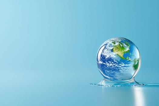 globe representing Earth is encased in droplet of water, symbolizing environmental awareness and fragility of our planet. serene blue background enhances focus on globe.