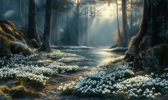 Watercolor forest with blooming snowdrops, bathed in soft morning light. Selective focus.
