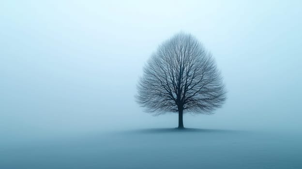solitary tree stands in misty blue field, creating serene atmosphere.