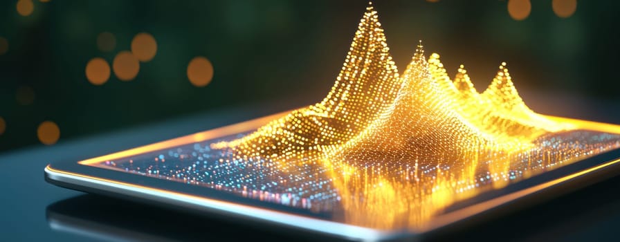 Stylized data visualization on tablet screen with glowing peaks.