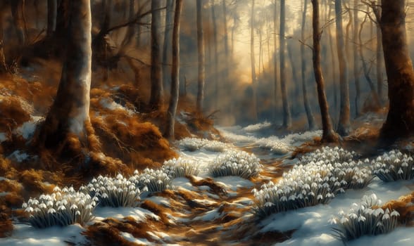 Watercolor forest with blooming snowdrops, bathed in soft morning light. Selective focus.