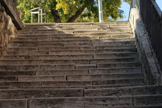 The stone staircase rises steadily, bathed in warm sunlight, flanked by lush green trees creating a peaceful atmosphere in the park.