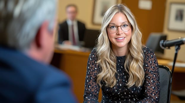 HR professional interviewing candidate with warm smile and engaging demeanor.