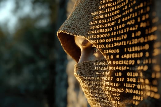Digital shadow: hacker breaking binary code, incognito in hoodie, expertly navigating depths of cyberspace to expose vulnerabilities, reveal hidden truths within complex world of technology