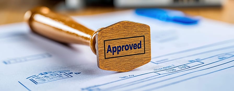 Approved document with wooden stamp on blueprint, symbolizing validation.